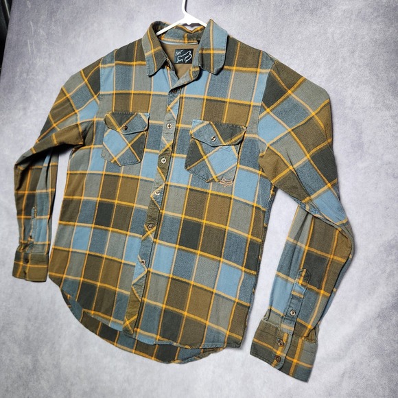 Fox Plaid Long Sleeve Flannel Shirt Mens Size L Blue Brown Gold - Picture 3 of 16